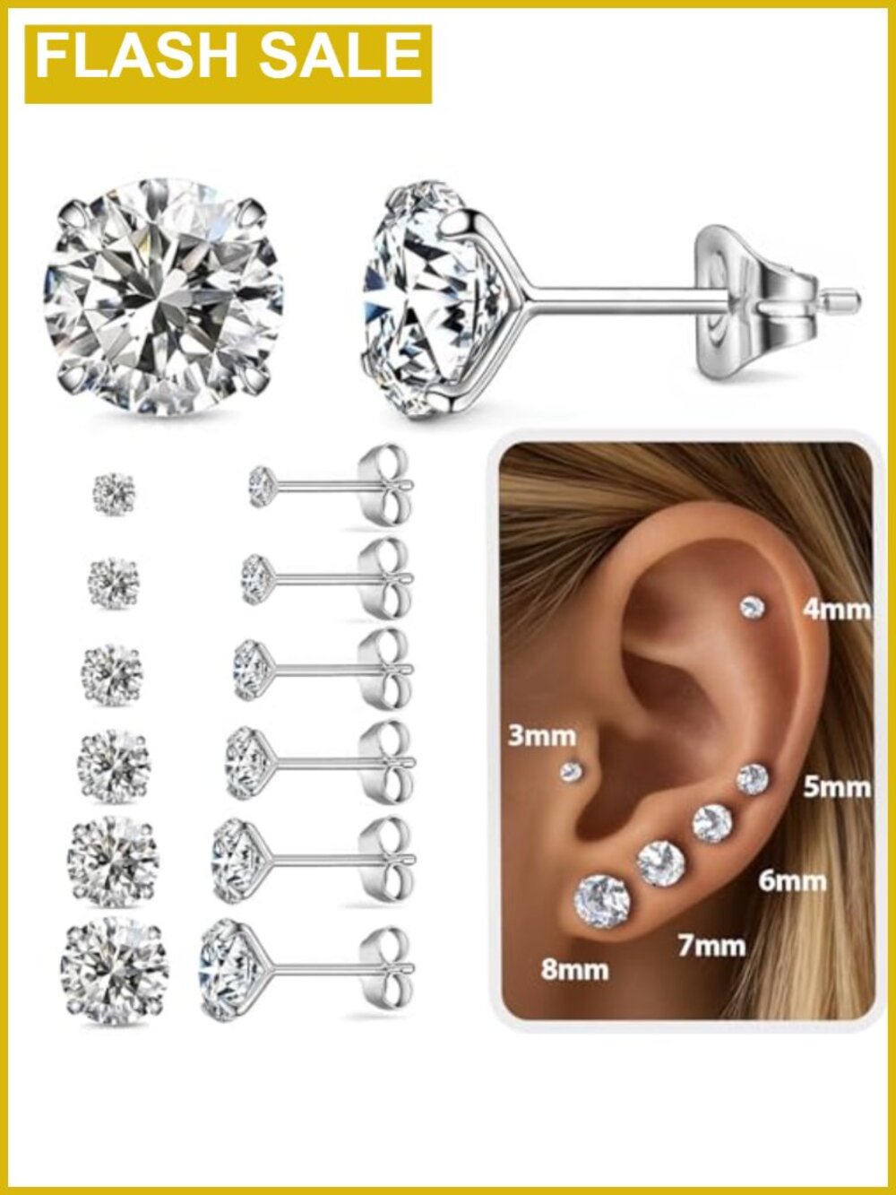 Stud Earrings Set of 6 Pairs Hypoallergenic Surgical Steel Cubic Zirconia Flat